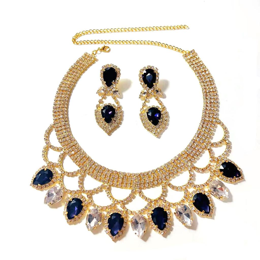 New Fashionable European and American Exaggerated Handmade Rhinestone Colored Crystal Necklace Earring Set Bridal Dress Jewelry