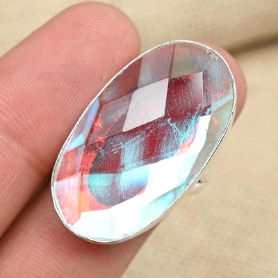 Bague en argent Sterling 925 avec topaze mystique arc-en-ciel à facettes, bijou fait à la main