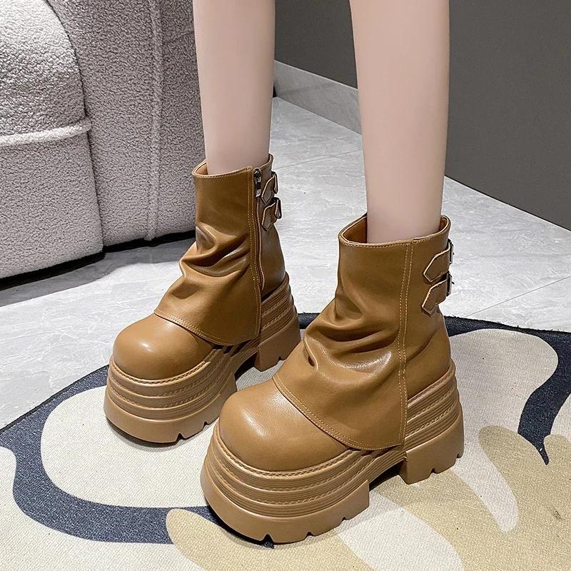 Women Chunky Motorcycle Boots Autumn Hidden Heels Leather Sneakers Winter Waterproof Snow Boots High Platform Ankle Boots 10CM