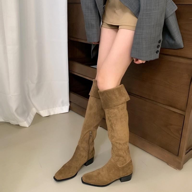 Long Boots Women's Long Tube High Tube 2026 British Style Versatile Interior Height Increasing Square Headed Knight Boots