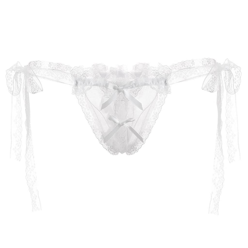 CHROME CRANE Ruffled Sexy Ribbon LW104 Women's See-Through T-Back Panties/Shorts (03.White)
