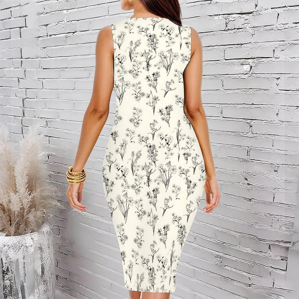 Women Plus Size Crew Neck Sleeveless Midi Dress Cream Base Black Sketch Floral Print Bodycon Dress