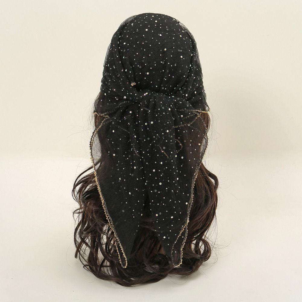 Thin Hotfix Rhinestone Square Scarf Sparkle Glitter Veil Turban Mesh Bandana Women Fashion