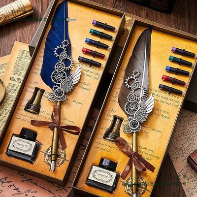 Steampunk Cthulhu Feather Fountain Pen Set - European Retro Quill, Mechanical Gear Design, Ideal Graduation Gift