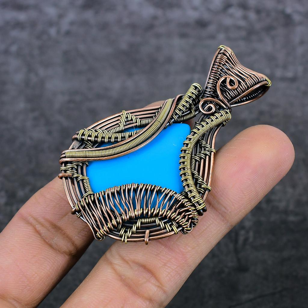 Sleeping Turquoise Handmade Copper Wire Wrap Jewelry Pendant 2.80" O9F39