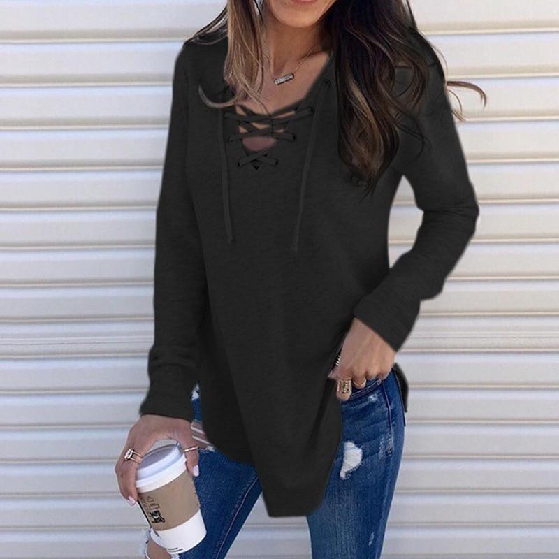 Solid T-shirt Pulovers Tunica Top Abbigliamento Femminile Primavera Autunno  Donna Casual Sexy Hollow Out Benda Scollo a V T-shirt a maniche lunghe  acquista in modo economico — spedizione gratuita, recensioni reali con