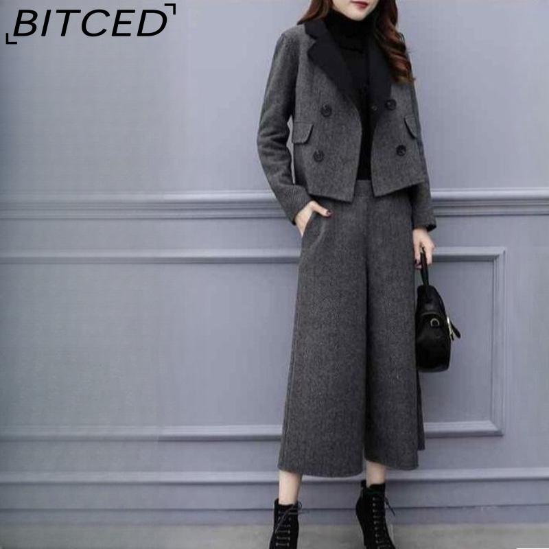 BITCED Women's Fall/Winter Two-Piece Set: Herringbone Tweed Blazer & Wide-Leg Pants Casual Fashion Set