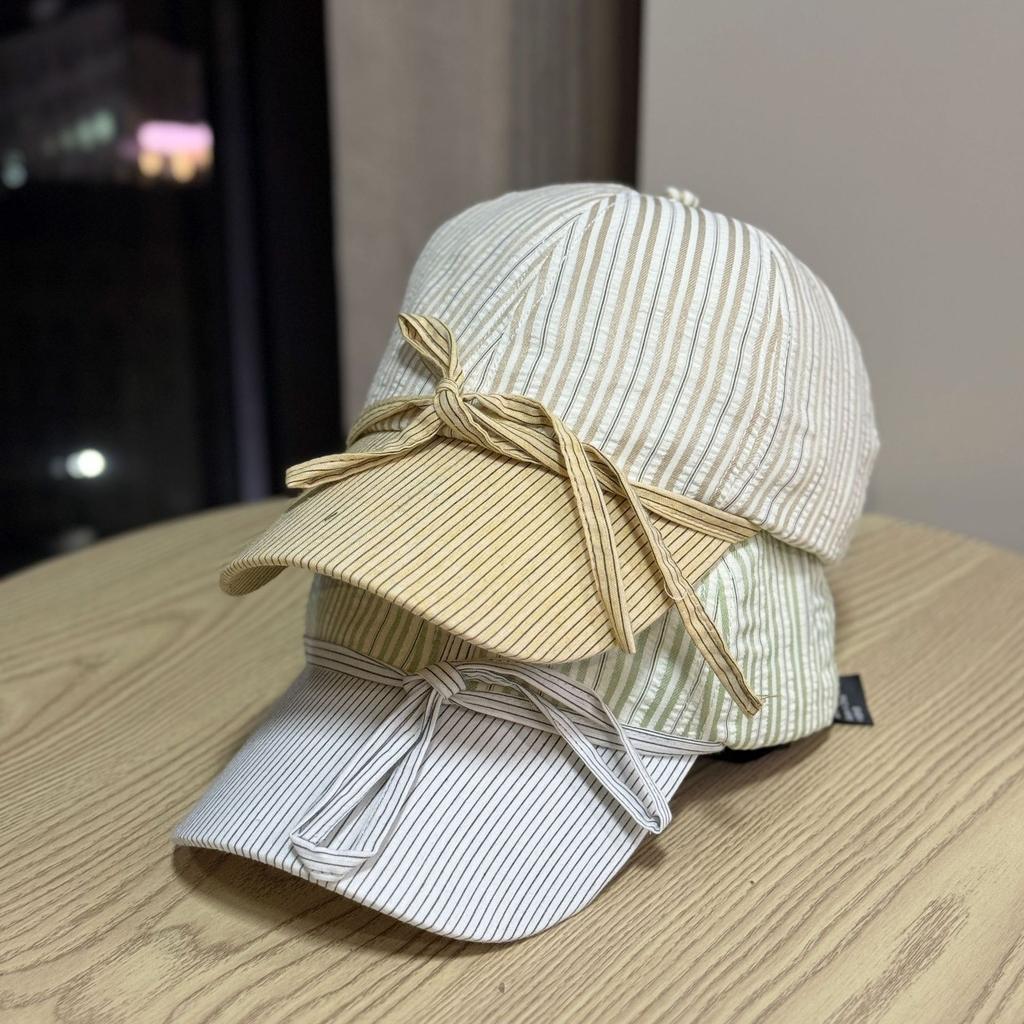 Casual, simple, and stylish bowknot soft-top baseball cap with stripes, versatile for large head sizes and round faces, sun-shading and