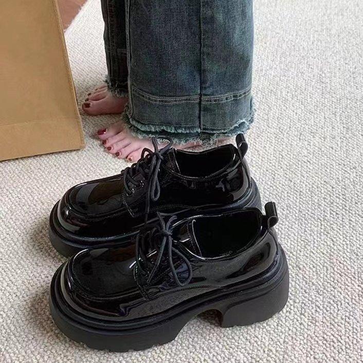 

Черные кожаные туфли на толстом каблуке, женские, в британском стиле, на весну и лето, на шнуровке, японские, JK, увеличивающие рост, туфли Mary Jane Love для работы на работу 35