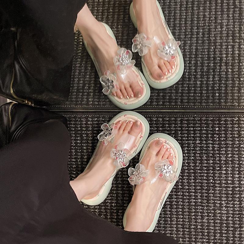 Summer Block Heel Flip Flops Summer New Round Head Sequin Flower Open Toe Soft Bottom Non-Slip Cool Mopping