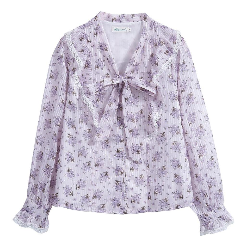 Fashion New 2024 Autumn Casual Long Sleeve Bow Collar Ruffles Print Chiffon Blouse Shirt Women Tops Blouses Shirts J510