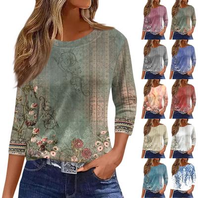 Topuri de damă cu mâneci 3/4 lungime, imprimeu floral, la modă vintage, lejer, cu gât rotund, cămăși de dimensiuni mari