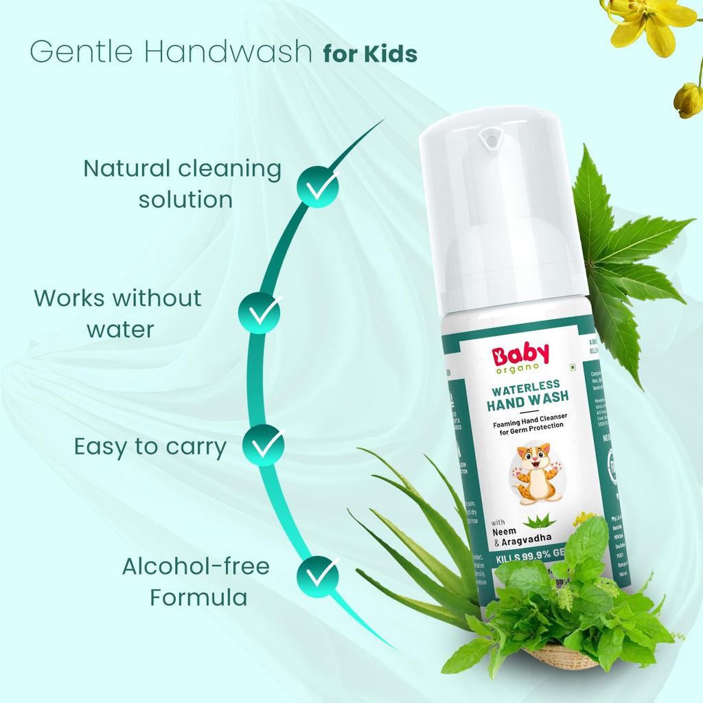 Babyorgano Savon pour les mains moussant sans alcool pour enfants, 100% naturel et protection contre les germes, bienfaits d'Aragvadha, d'Aloe Vera et de Neem - 50 ml
