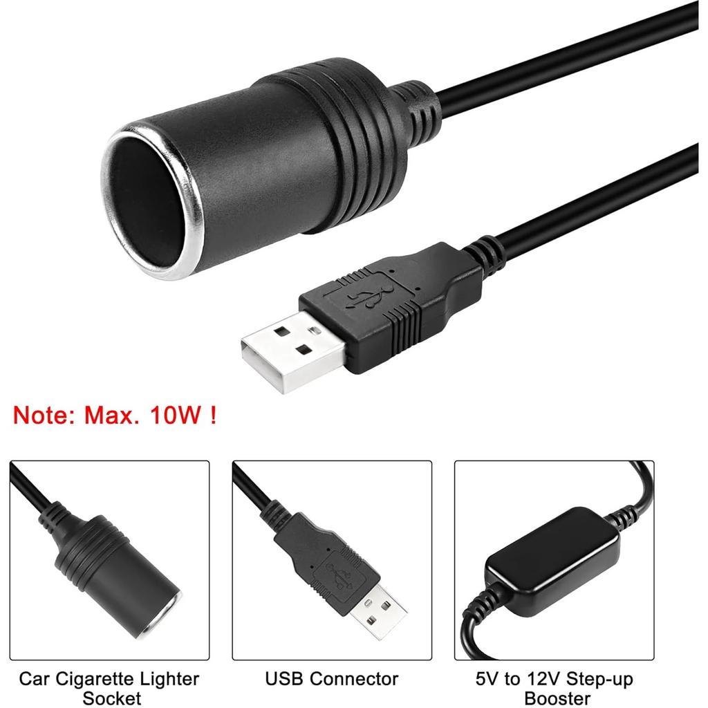 Black Thick Copper Wire 5V To 12V Driving Recorder Power USB To Lighter Adapter Cable