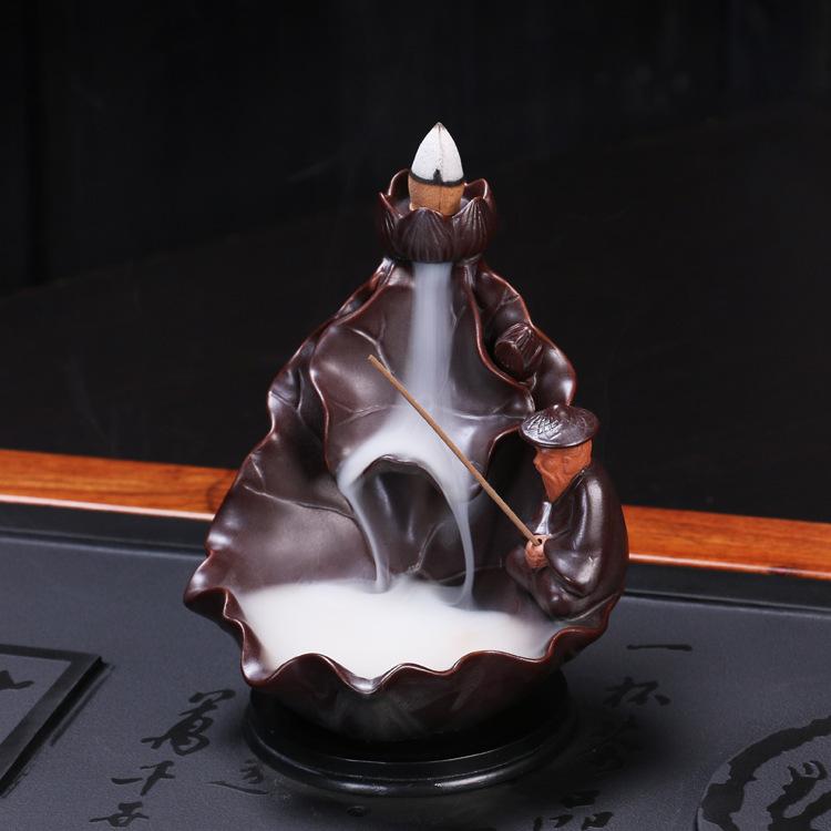 

Lotus Pond Backflow Incense Burner Fish Smoke Waterfall Censer Ceramic Incense Stick Holder Gift Ornaments Creative Home Decor коричневий