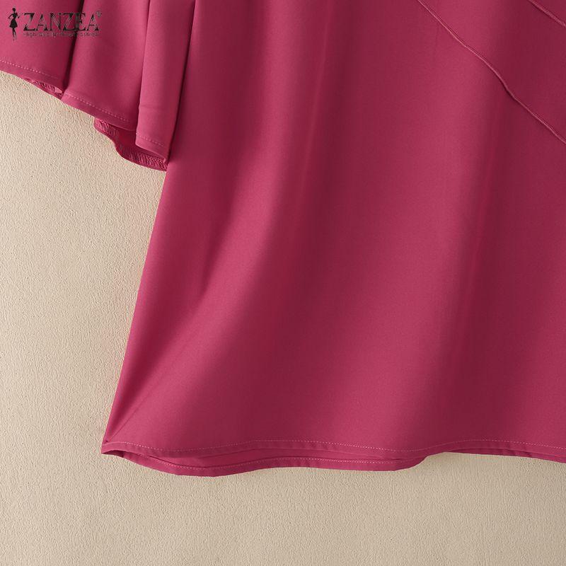 ZANZEA Women Casual Round Neck Solid Color Ruffles Half Sleeve Blouse