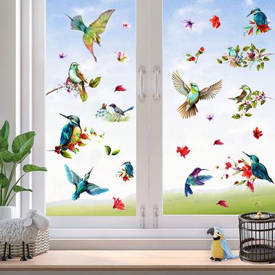 Bunte Äste, Vögel, Kolibris, Blumen. Selbstklebende Wandaufkleber für Schlafzimmer, Wohnzimmer, Fenster, entfernbare Wandaufkleber.