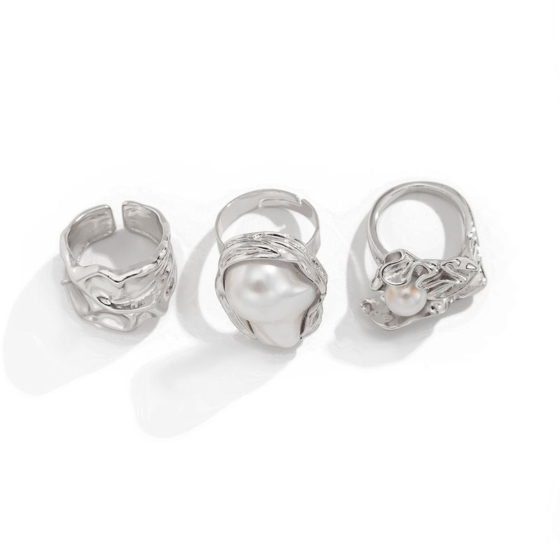 

3-Piece Set Baroque Imitation Pearl Asymmetrical Ring Suit European and American Personalized Fashion Special-Interest Design Ring Combination Silver