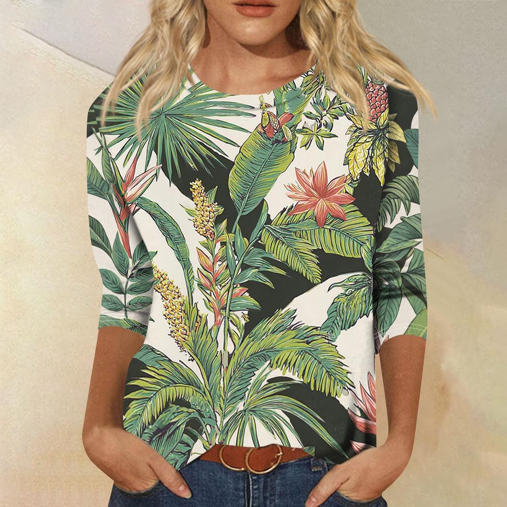 Women's Fashionable Casual Round Neck Three-Quarter Sleeve Printed T-Shirt Top