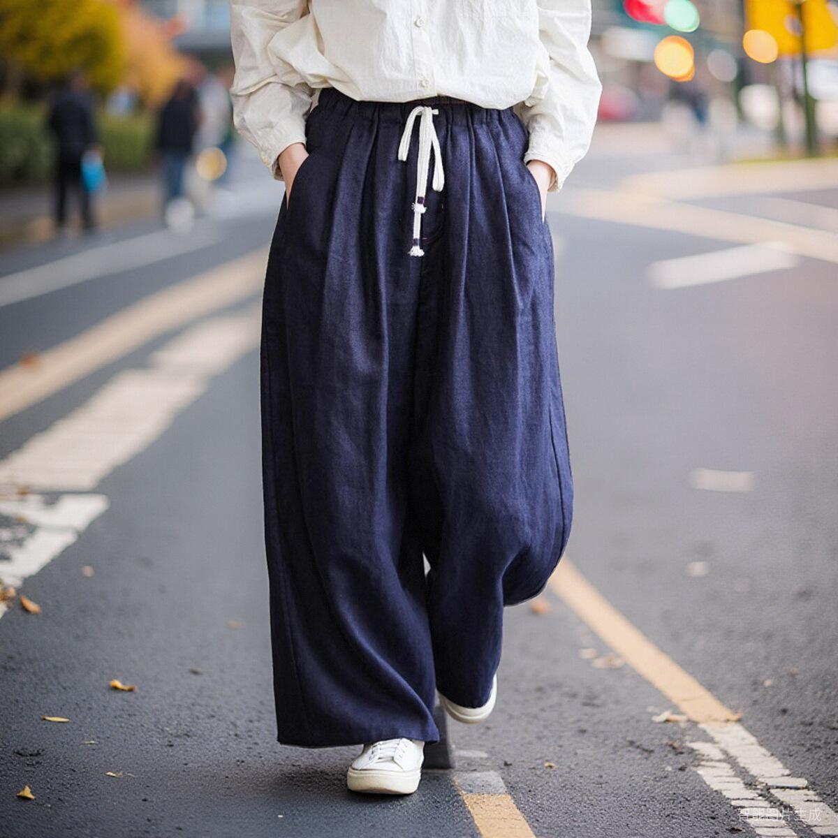

Literary Retro Elastic Waist Tie-up Wide-leg Hemp Pants – Dark Blue, Breathable & Comfortable Summer Trousers M (55-65 kg) синий