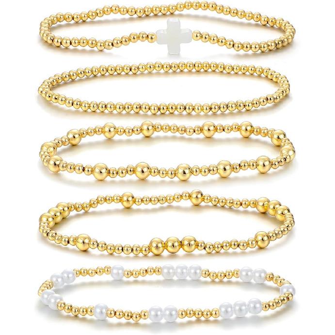 Dainty Gold Plated Pearl Crystal Beaded Bracelets Set for Women 14K Gold Plated Bead Pearl Beads Bracelet Stackable Paperclip Link Chain Bracelets