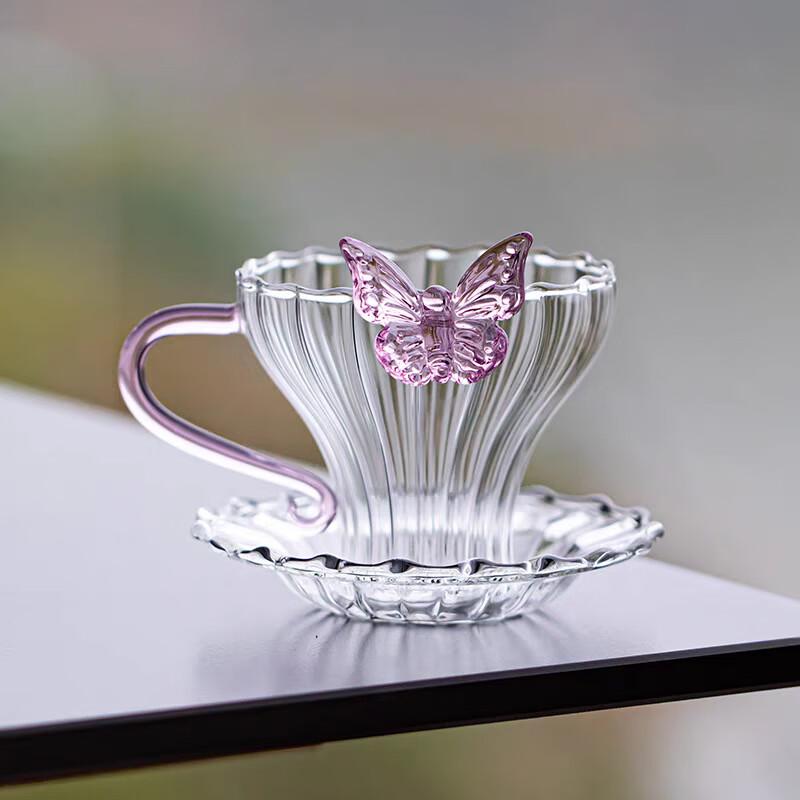 Shangqi Pink Butterfly Glass Tea Cup with Handle