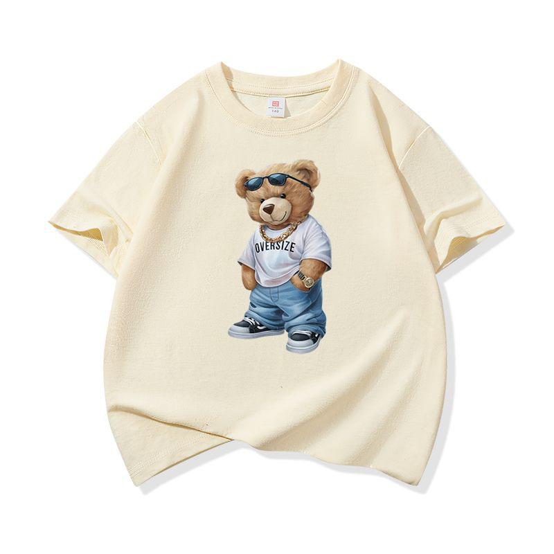 Hip Hop Style Bear With Sunglasses Graphic Tee Kids Pure Cotton Crew Neck T Shirt Short Sleeve Muticolor Tops Boys Girls Child