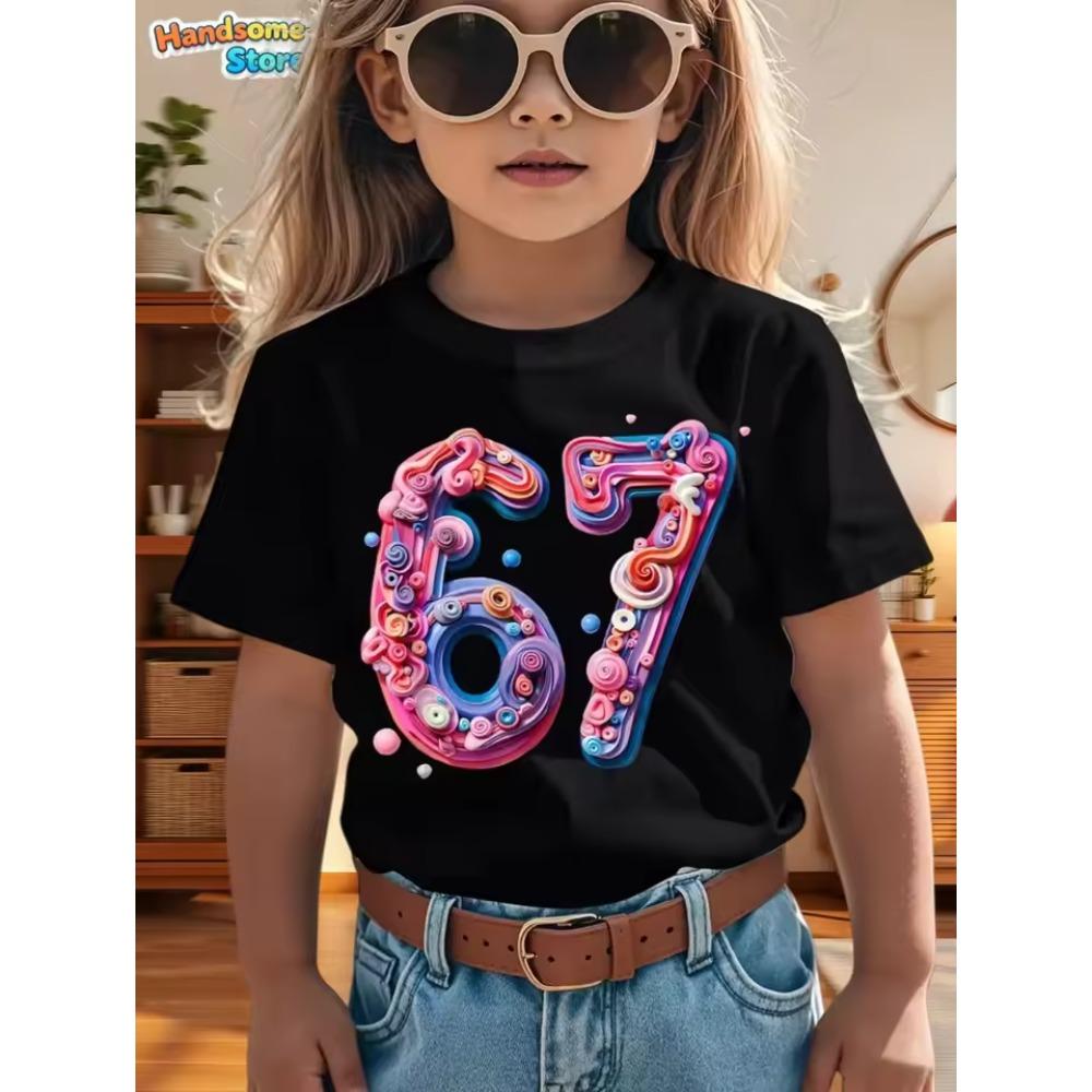 Summer Cartoon Bow Cute 67 Six Seven Print Kids Short Sleeved Shirt Cotton Casual Childrens Tshirt Girls Fashion Clothes Tees