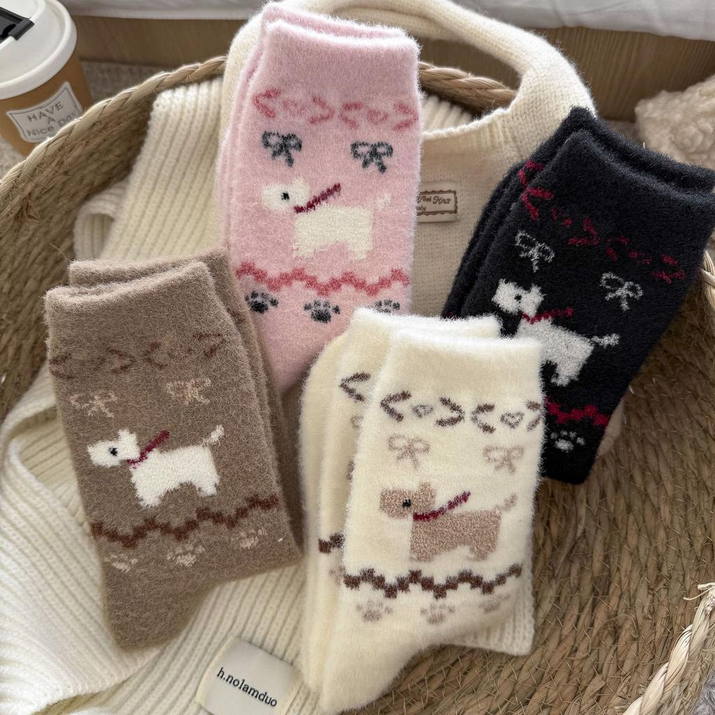 Ladies Autumn and Winter Warm Plus Thick Retro Cute Puppy Tube Pile Socks