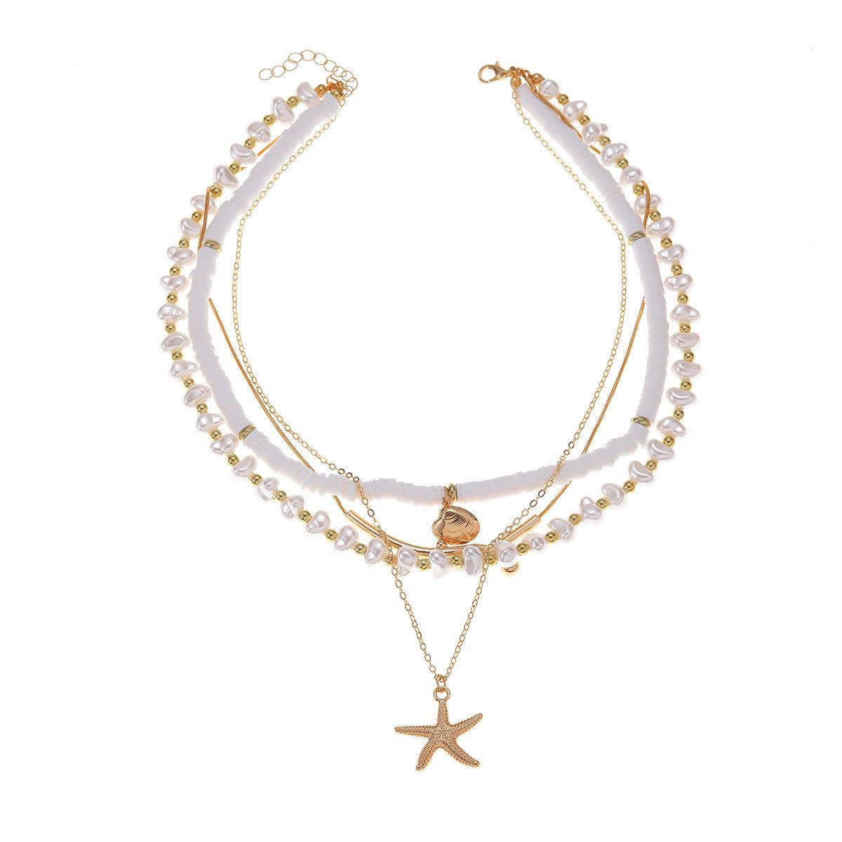 European and American summer beach soft pottery imitation pearl beaded necklace niche irregular multi-layered starfish necklace
