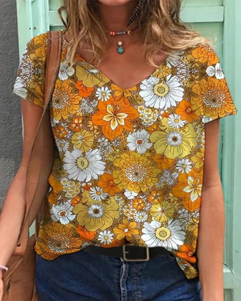 Fashion Spring  Butterfly Print Blouses Short Sleeved V-Neck T Shirts Casual