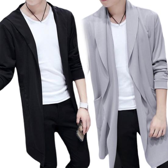 Men Trench Windbreaker Large Neckline Solid Color Slim Mid-length Draping Overcoat Outwear Cloak Streetwear