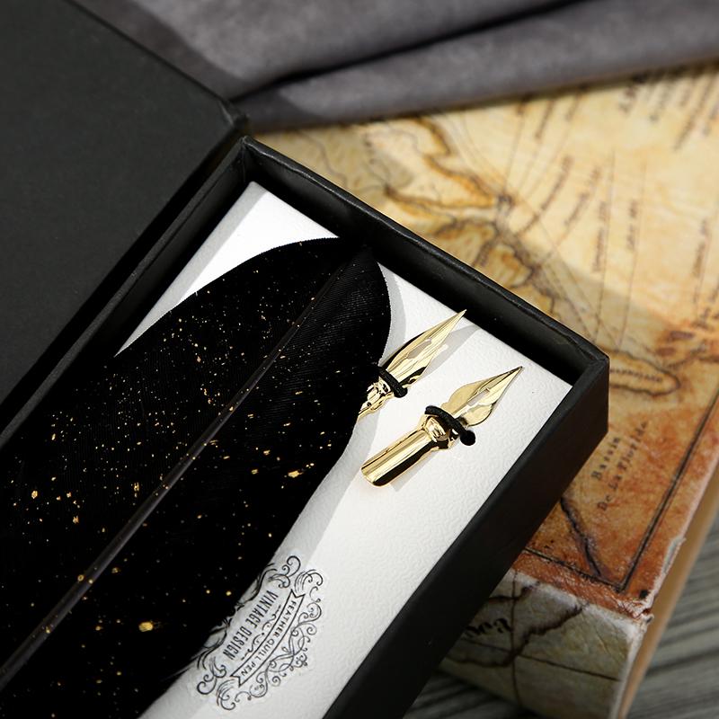 1 Set Retro Classic Texture Practical Calligraphy Feather Dip Pen Quill Fountain Writing Portable Durable Wedding Gifts Box