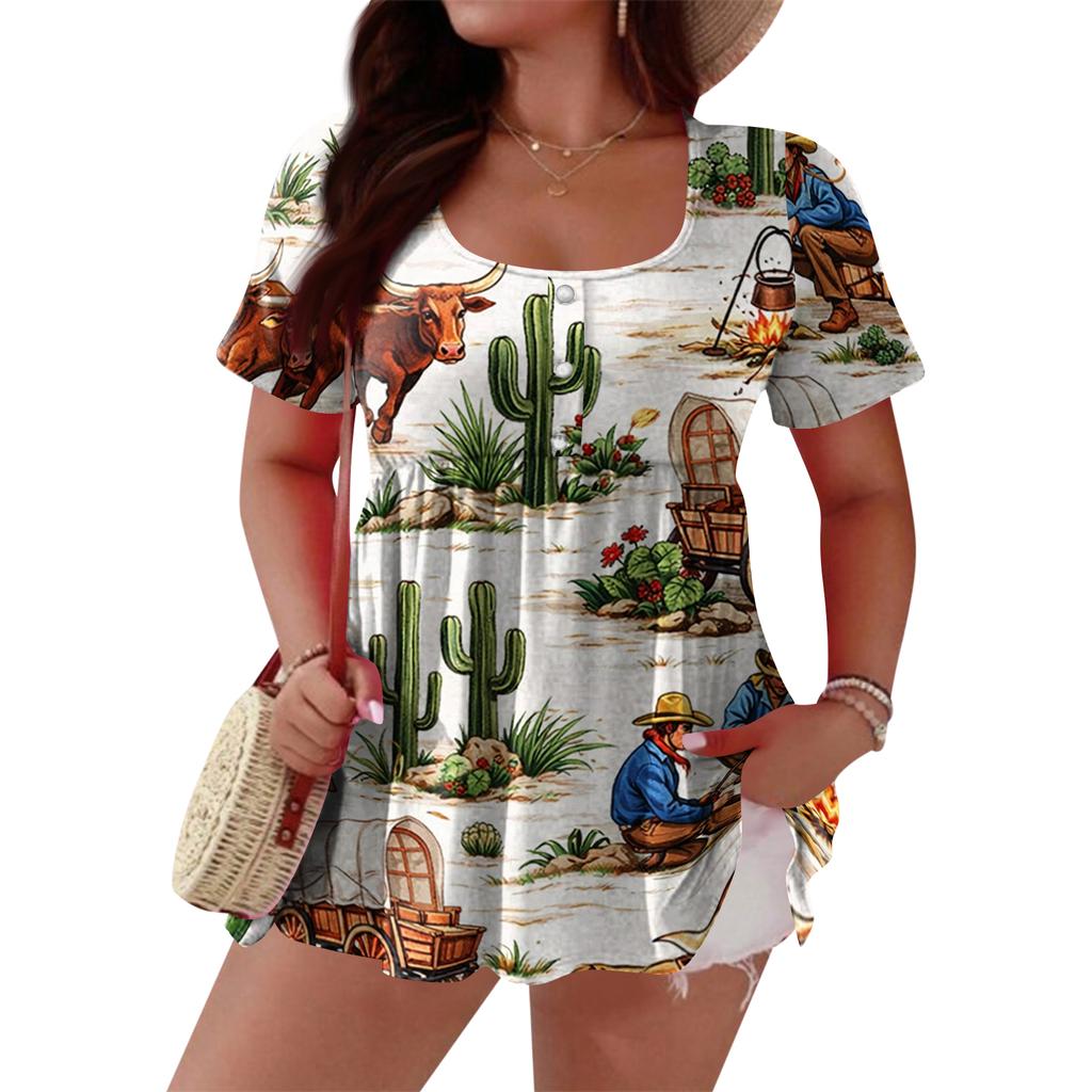 Women's Fashionable Casual Short Sleeve Loose Fit Button Front Printed Blouse