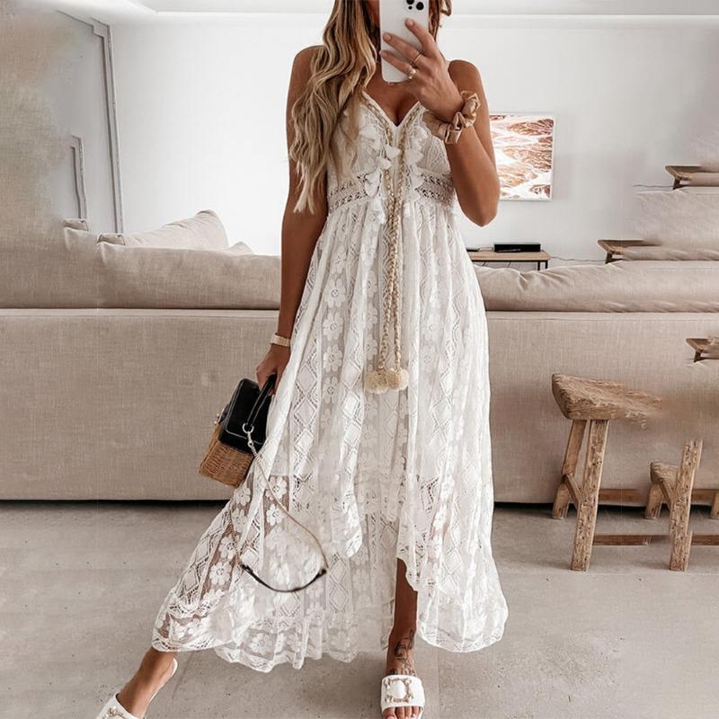 Summer Women's Fashion Temperament V-neck White Lace Irregular Maxi Dress