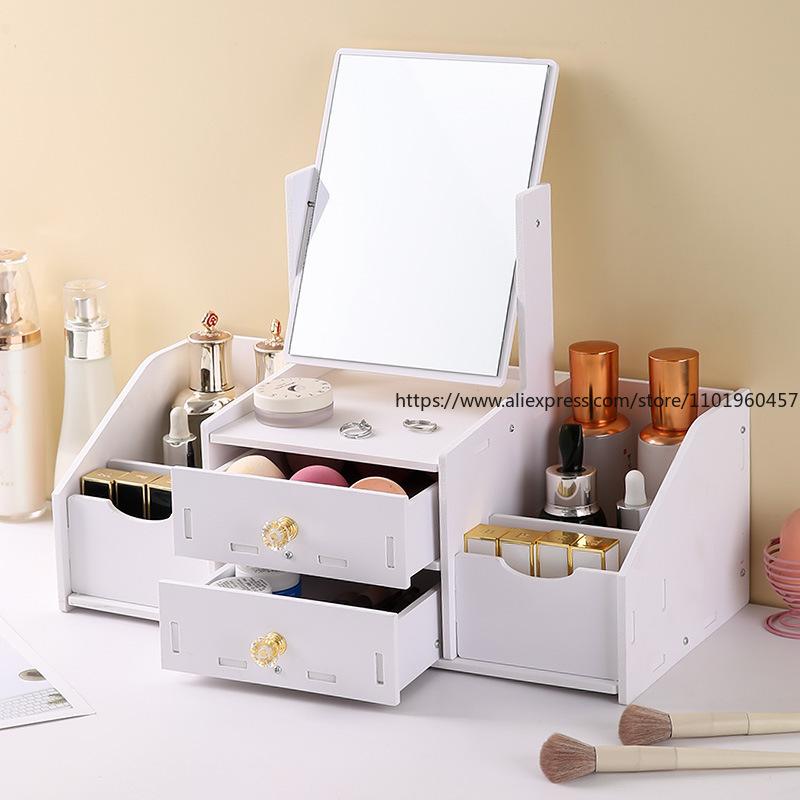 Desktop Drawer-Type Vanity Mirror Storage Box Round Makeup Mirror for Dressing Table Organizer for Jewelry Skincare Products