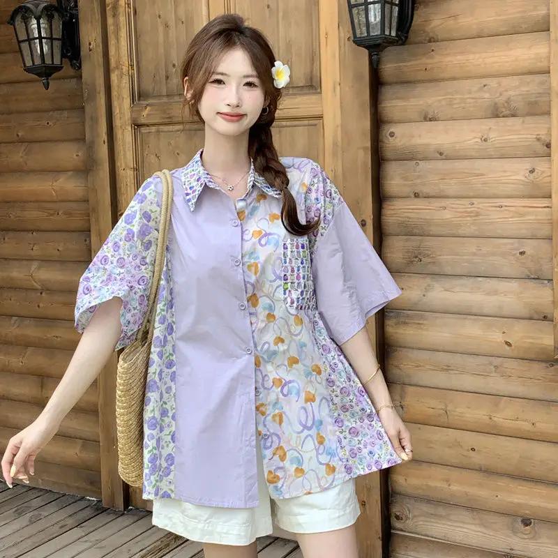 

Женские рубашки с короткими рукавами в цветочек и лоскутным узором, летние свободные блузки в контрастную полоску, повседневные однобортные топы с лацканами M фиолетовый