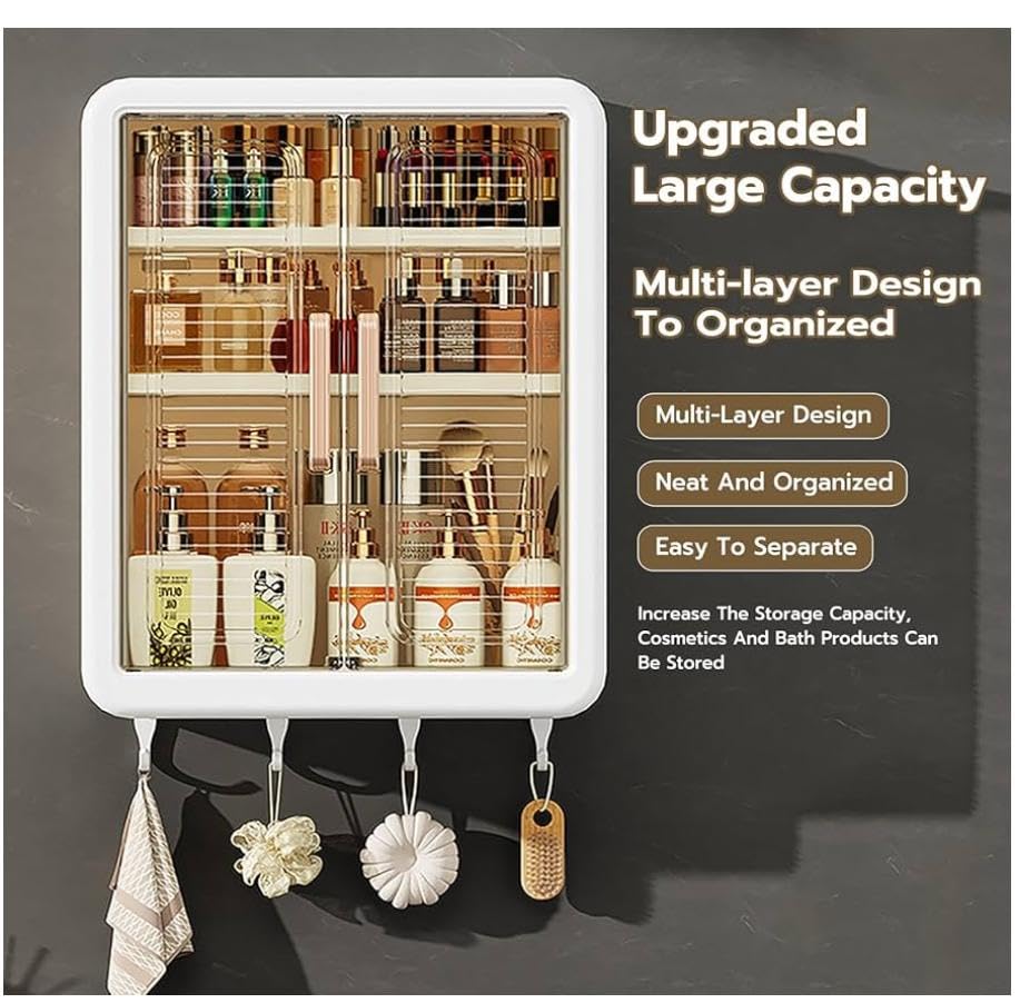 No-Drill Bathroom Shelf & Storage Cabinet - Wall Organiser for Bathroom Essentials, Makeup, Skincare with 2 Doors, 32 X 40.5 X 13cm (White, 3 Layer)