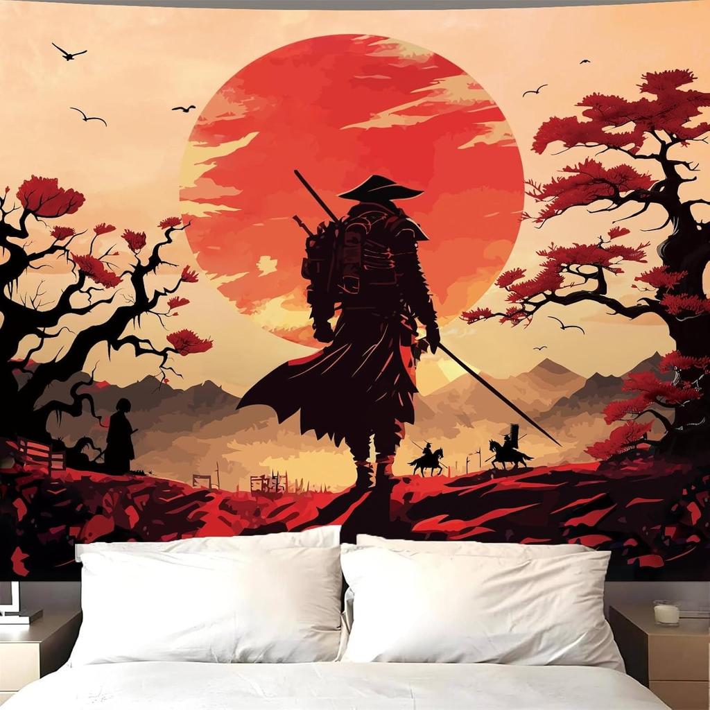 Japanese Ink Landscape Tapestry Red Maple Moonlit Temple Polyester Wall Hanging for Living Room Bedroom Asian Art Mountain Riv