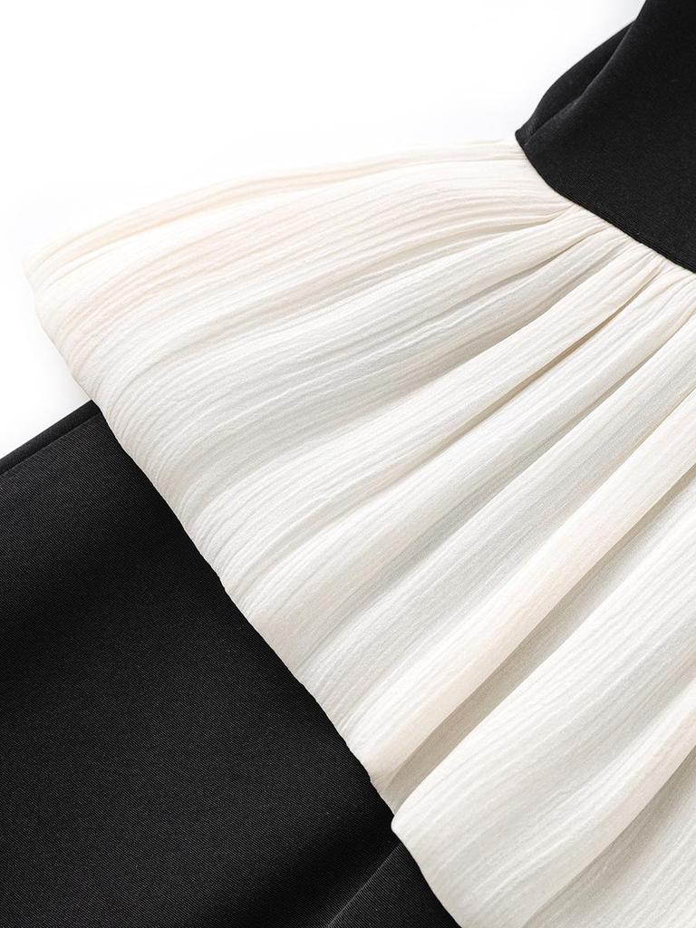 Women's Summer Satin Panel Ruffle Short Sleeve Dress - Bright Silk Waist-Gathering