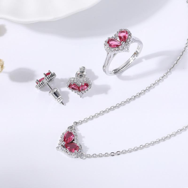Love Colored Treasure Ring Women'S Jewelry Set, Heart Necklace Earrings Jewelry Set Multi-Color Optional