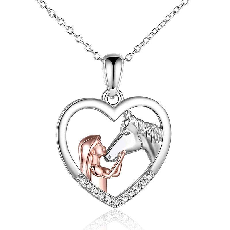 Huitan Creative Girl and Horse Friendship Necklace for Women Human Animal Love Pendant Necklaces Anniversary Gift Trendy Jewelry
