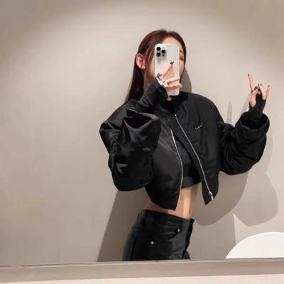2026 Spring Korean Style Puffy Sleeve Short Baseball Jacket with Shoulder Pads - Women's Slimming Outerwear