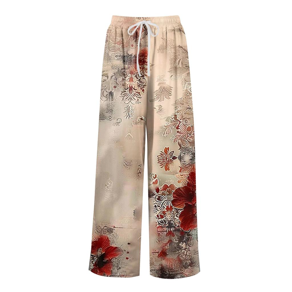 Dámské letní boho palazzo kalhoty s vysokým pasem a širokými nohavicemi, tisk, ležérní kalhoty s kapsami