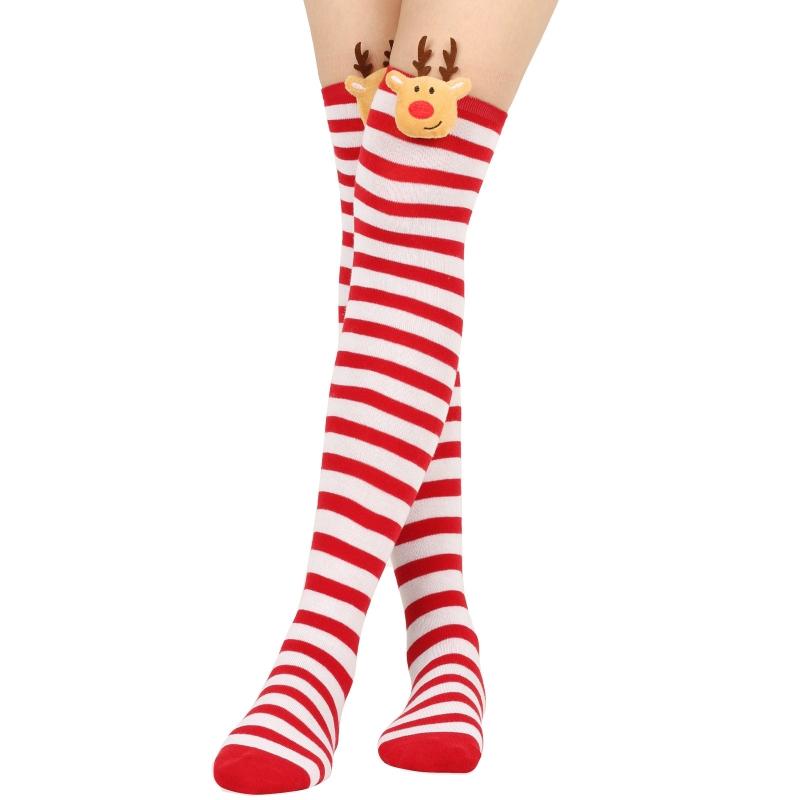 Damen Weihnachten Overknee Lange Socken Niedlich 3D Plüsch Hirsch Elch Gestreifter Druck Oberschenkelhohe Strümpfe Feiertagsparty Strumpfwaren