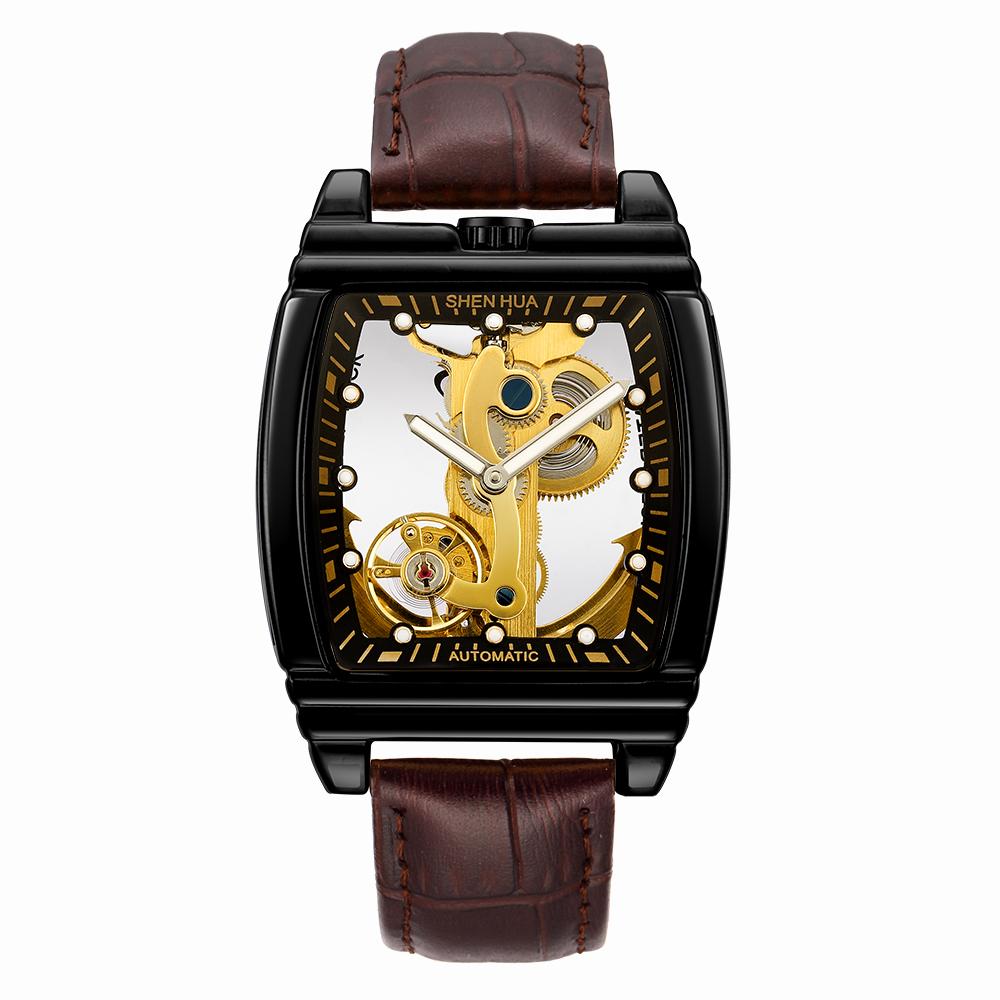 Reloj Mecánico Automático Transparente Hombre Steampunk Esqueleto Engranaje de Lujo Cuerda Automática Cuero Relojes de Hombre Montre Homme