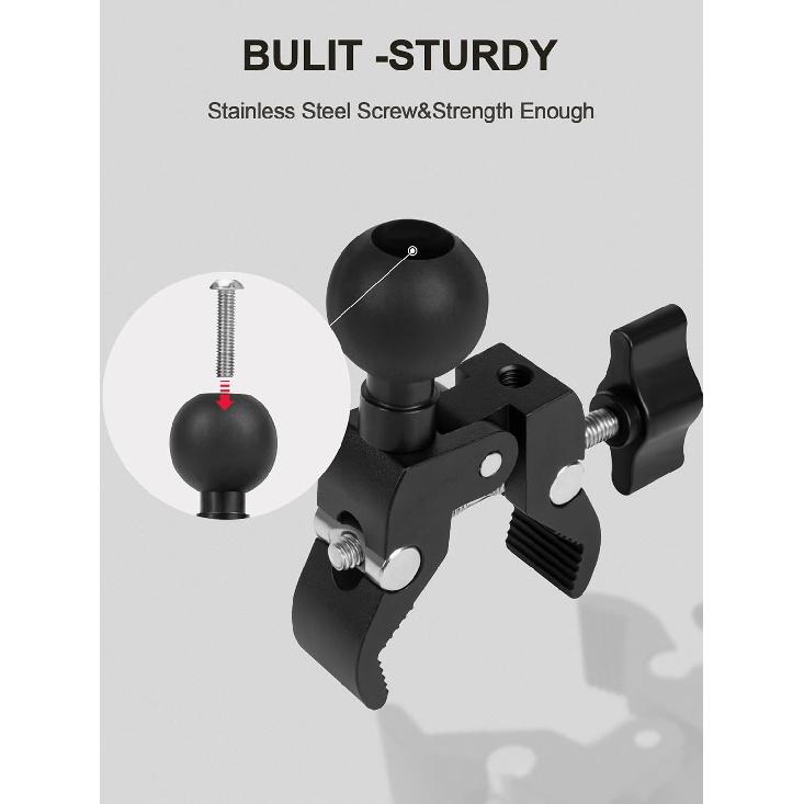 Aluminium Alloy Handlebar Mount Clamp Base With 1" Ball For Rails 0.5" To 2" In Diameter, Versatile Claw Compatible With RAM Mounts B Size Double