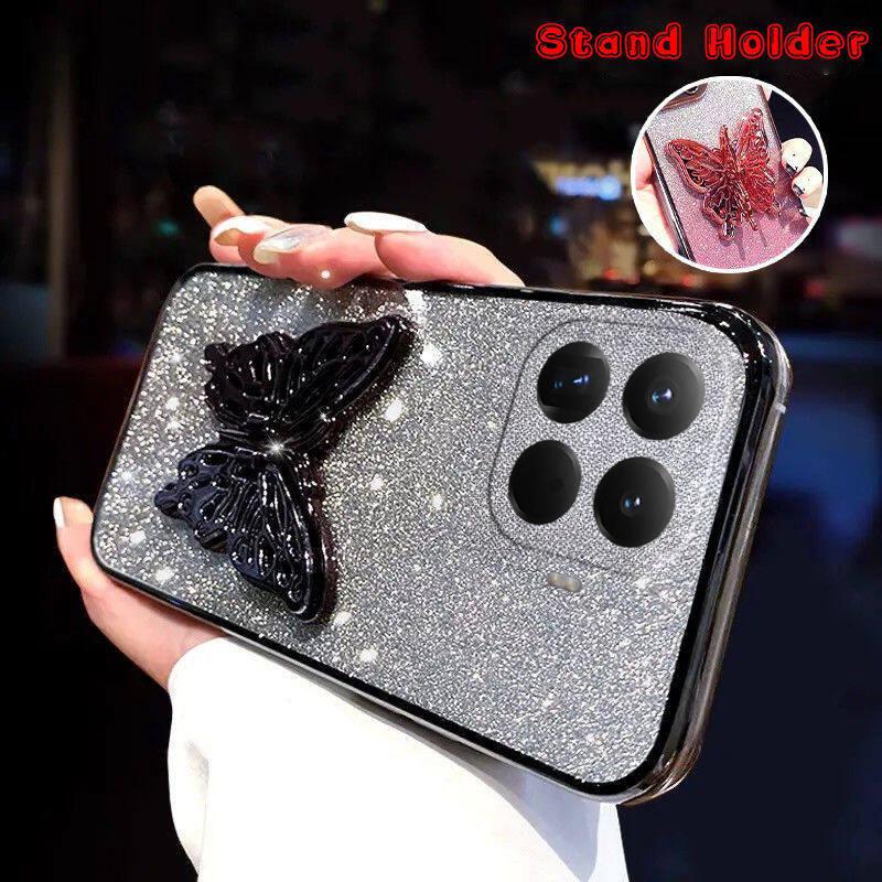 For Xiaomi 15T Pro Case with Cute Butterfly Stand Luxury Slim Gradient Clear Plating Glitter Girls for Xiaomi 15T Back Cover