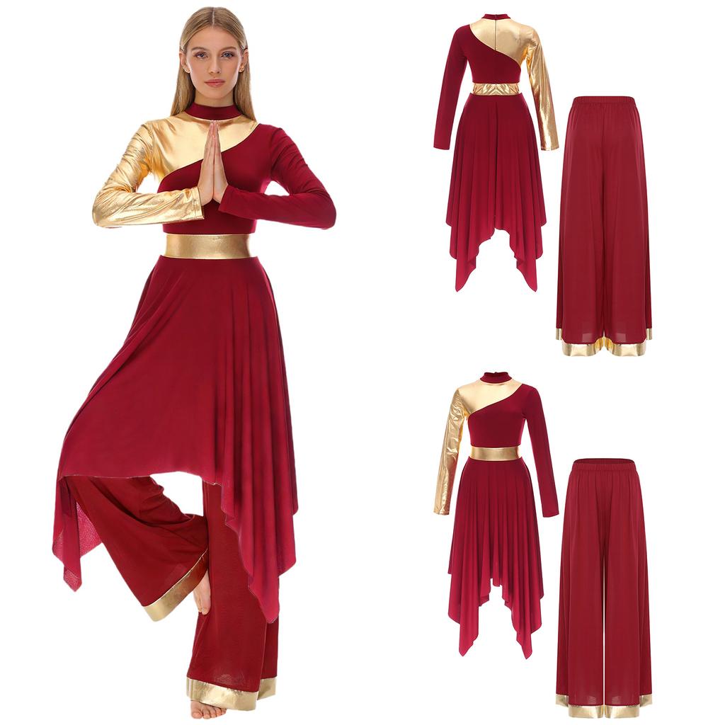 S-XXL Womens Worship Praise Dance Costume Long Sleeve Asymmetrical Hem Dress and Wide Leg Pants Contrast Color Dancewear Outfits