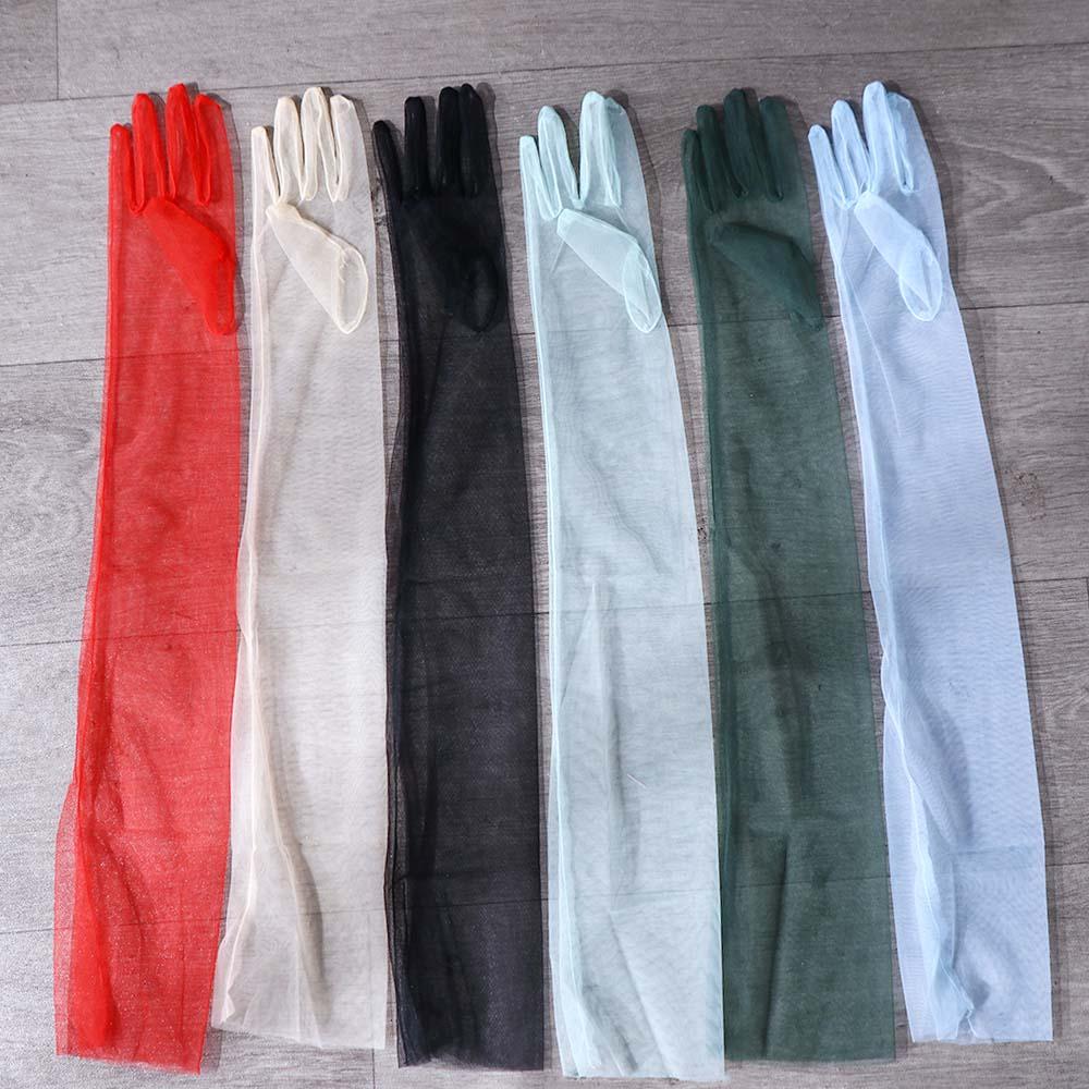 Silky Long Sheer Tulle Women Full Finger Lace Mitten Women Gloves Thin Gloves Five Fingers Mitts